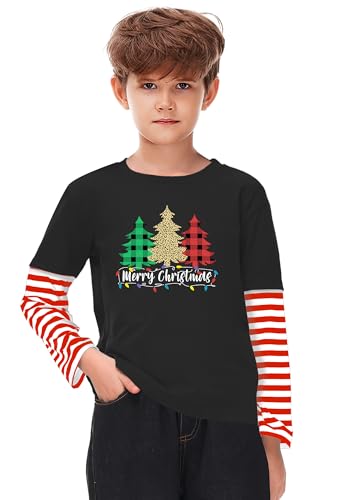 Image of Remimi Unisex Kids Christmas Long Sleeve Shirt Xmas Print Stripe Shirts 2-12 Years