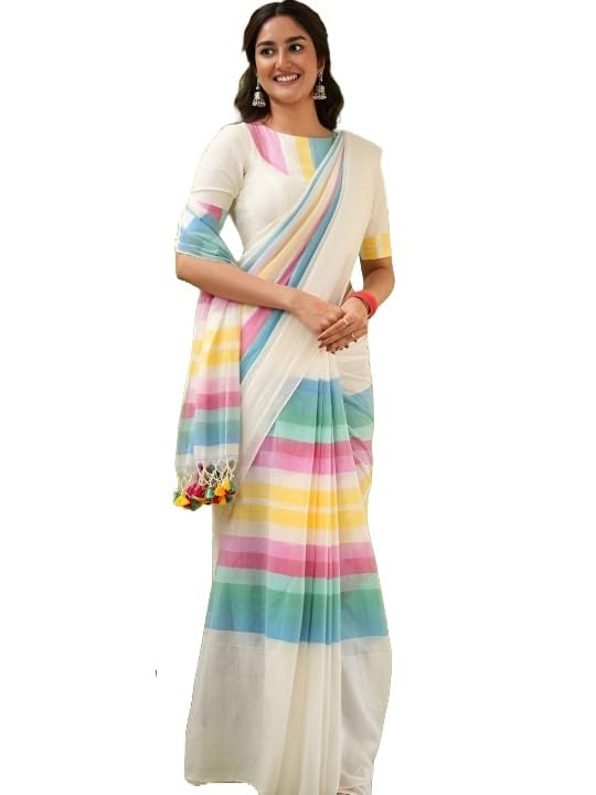 Women's Cotton Blend Saree with Pastel Rainbow Stripes, Traditional Indian Wear with Pink, Yellow and Blue Pattern, Tassels-picture-17