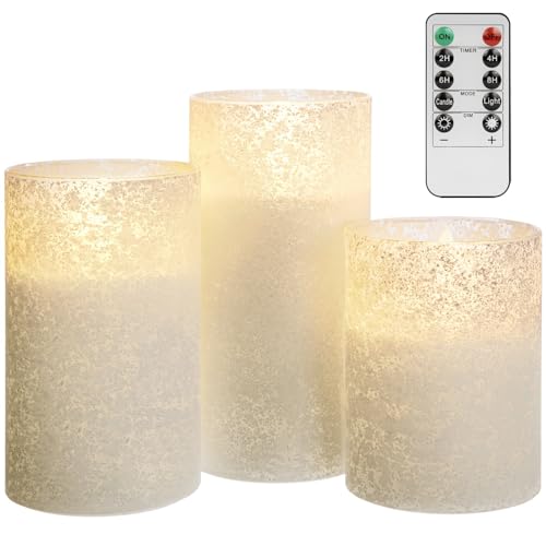 Image of White Flameless Candles With Remote Battery Operated LED Pillar Candles Set | Sea Salt Glass Real Wax Design Realistic Flicker 10-Key Remote Timer & Brightness Control for Bedroom Wedding & Holiday Decor