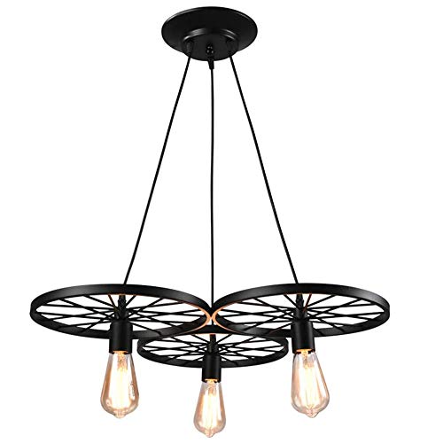 SMWZFDD Colgante De La Vendimia Industrial Lámpara Colgante De Metal Negro Luz De La Rueda De Hierro Forjado Diseño Creativo 3 Llamas De Habitación Sala Cafe Hotel Restaurante Loft E27
