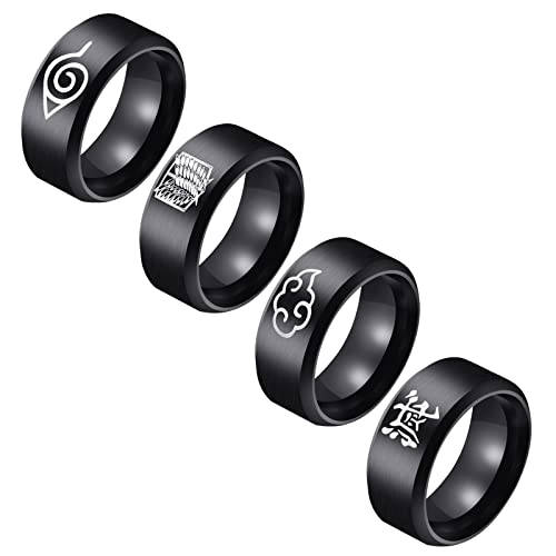 4Pcs Anime Rings Set for Men Boys, Stainless Steel Anime Ring, Leaf Village Logo Rings, Cloud Logo Rings, Aot Ring, Demon Slayer Rings, Anime Fans Gifts