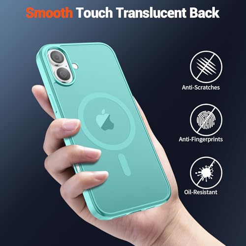 Image of SUPFINE Magnetic for iPhone 16 Plus Case with Screen Protector (Compatible with MagSafe) (Military Grade Drop Protection) Translucent Matte Shockproof with Anti-Fingerprint Phone Case, Blue Green