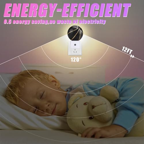 Image of Basketball Night Light Sport Ball Night Lights LED Lamp Round Plug into Wall Nightlight with Dusk to Dawn Sensor Home Hallway Stairway Kitchen Decor