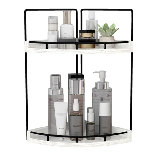 Image of Dorhors 2-Tier Rustic White Corner Bathroom Shelf