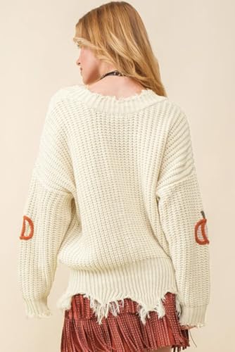 Women's Beige Cable Knit Pumpkin Raw Hem V Neck Sweater2