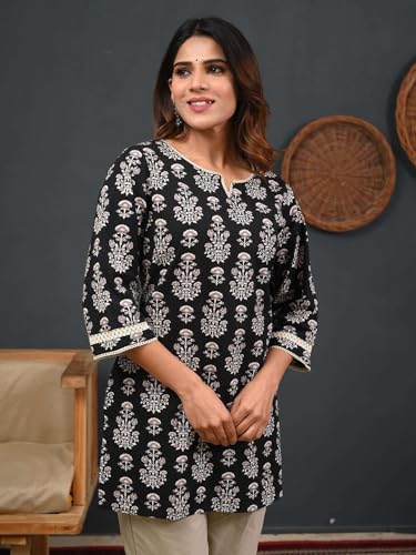 Image of Rimeline Women's Floral Printed Cotton Kurti Top | Round Notch Neck 3 /4 Sleeve Straight Fit Casual Tunic