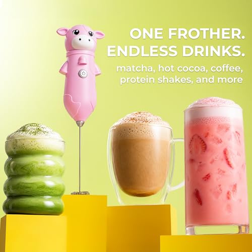 Image of Zulay Kitchen Cow Milk Frother Wand - Cutesy Frother, Meet Your New Frothing Buddy Bubblegum The Cow, Adoption Papers and Stickers Included, Purrr-fect for Lattes, Cappuccino & Matcha - Pink
