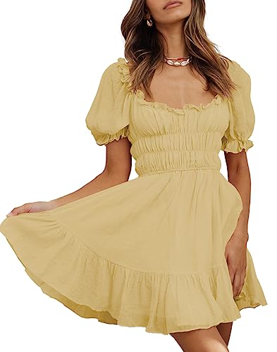 MIYIEONZ Women's Square Neck Puff Sleeve Mini Dresses Ruffle Elastic Waist A-Line Elegant Summer Casual Flowy Mini Dress Yellow