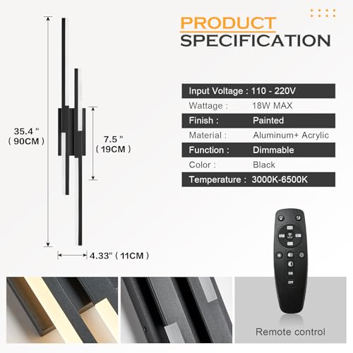 Image of Benkut Modern LED Wall Sconce Black Remote Wall Light Fixtures for Bathroom, Dimmable Vanity Light Indoor LED Remote Wall Sconce for Living Dining Room Bedside Bedroom (3000-6500K 35.4inch)