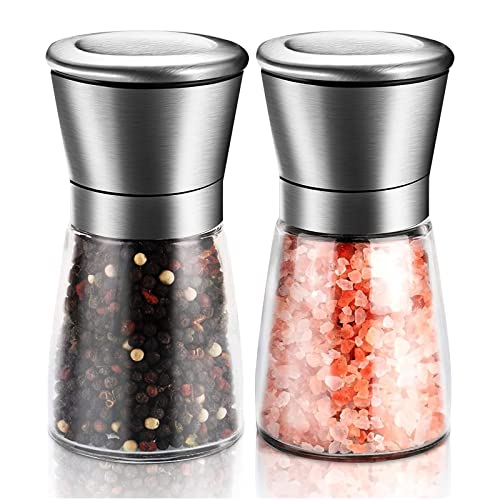 ACCL PG-S Stainless Steel Salt, Refillable and Adjustable Coarseness Manual Pepper Mill, 5.3"x 2.5" Professional Grinder for Spices and Seeds, Fits in Home, Kitchen, Outdoor (2 Packs)
