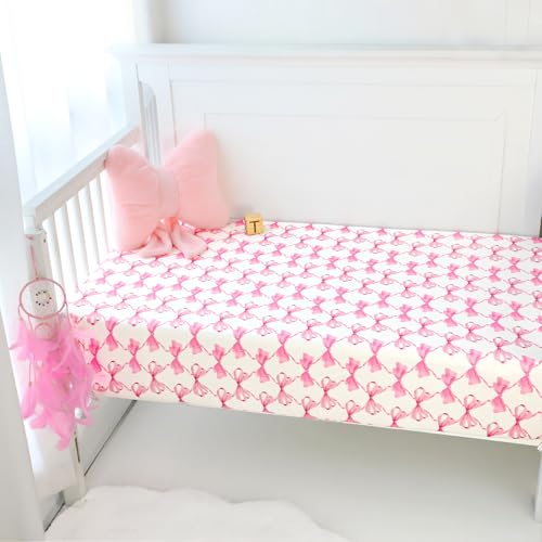 Image of Crib Sheets for Girls and Boys, HNHUAMING Crib Sheet Fitted Fits for Standard Crib & Toddler Mattresses, Ultra Soft Breathable Baby Crib Sheets Neutral 52'' X 28'' inch Crib Sheet, Pink Bow