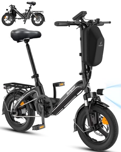 Bodywel T16PRO Mini E Bike 14 Zoll faltbar Elektrofahrrad 250W 36V/10AH Akku mit APP Funk für Herren Damen,Reichweite Max 45 km (Schwarz+Rückpacktrager)