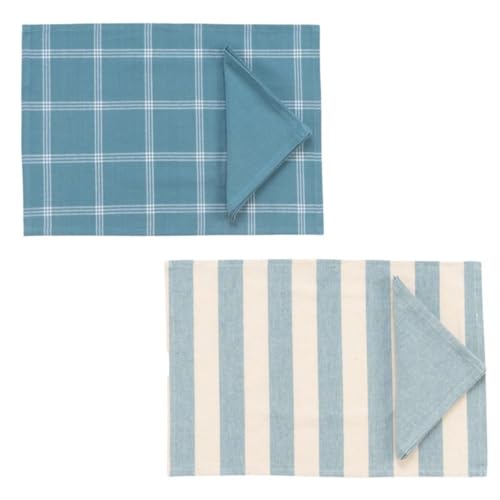 ROCKING GIFTS Set de x2 Mantel Mesa Individual de Algodón con Servilleta a Juego, Salvamantel, 2 Modelos Incluídos, Rayas y Cuadros en Azul y Blanco, 48 cm