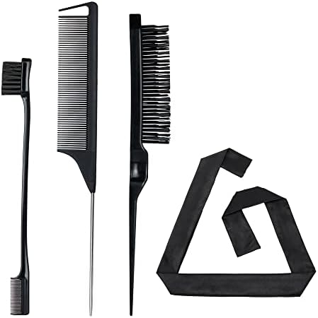 4 Pieces Hair Styling Comb Set Black - Edges Control Brush, Bristle Teasing Brush, Rat Tail Comb, Wrap Wig Grip Band - Edge Back Combing Brushing Slicking - Women Girls Stylist Baby Beauty Accessories