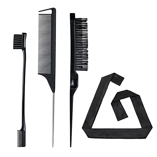 4 Pieces Hair Styling Comb Set Black - Edges Control Brush, Bristle Teasing Brush, Rat Tail Comb, Wrap Wig Grip Band - Edge Back Combing Brushing Slicking - Women Girls Stylist Baby Beauty Accessories #TOP2