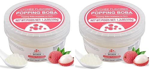 Image of Soeos Lychee Popping Boba Pearls, 1.2 lbs(550g), Bursting Boba Pearls for Bubble Tea, Beverages, Shakes, Desserts, Smoothie and Ice Cream Topping, Ready-to-Eat (Pack of 2)