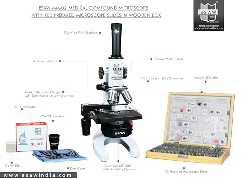 Image of ESAW 2500X Student Compound Medical Microscope, Educational STEM Gift for Students, Schools & Hobbyists (Magnification: 100X to 2500X)