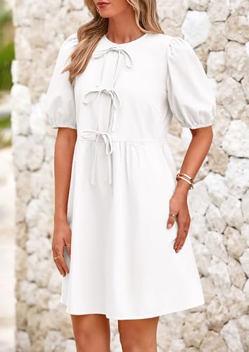 Image of PRETTYGARDEN Womens 2025 Summer Casual Short Sleeve Dresses A Line Bow Tie Front Babydoll Loose Cute Mini Dress with Pockets