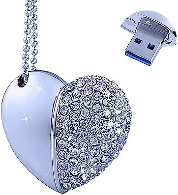 EcooDisk 128GB USB 3.0 Flash Drive Diamond Heart with Necklace Memory Stick High Speed Thumb Drive Jump Drive Data Storage Silver