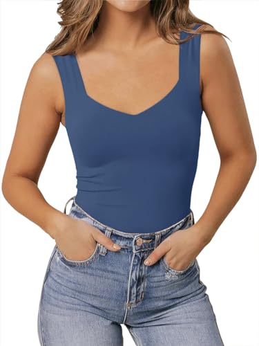 PINKMSTYLE Slimming Tank Tops for Women Deep V Neck Top Sleeveless Tank Top Casual Basic Top Indigo Blue Medium — view 4