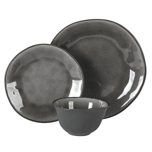 Image of Gibson Elite Port Barton Plates and Bowls Sets, 12-Piece Stoneware Dinnerware Sets, Reactive Glaze Dish Set - Black