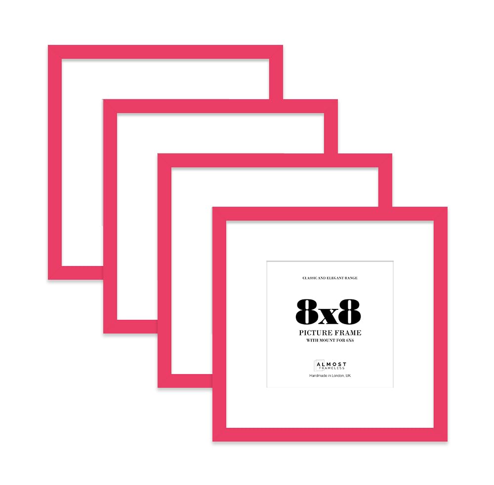 8x8 Bright Pink Picture Frame with Mount for 6x6 Photos, Prints - Modern Square Wall Frame, Set of 4