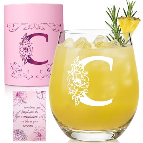 Physkoa Personalized Wine Glass for Women, A-Z Initial Monogram, Letter C