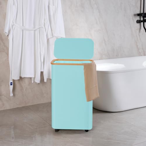 Image of efluky Slim Laundry Hamper with Wheels, Narrow Laundry Basket with Lid and Removable Bag, Aesthetic Dirty Clothes Hamper on Wheels for Laundry Room, Bedroom, Dorm and Bathroom, 75L Beige