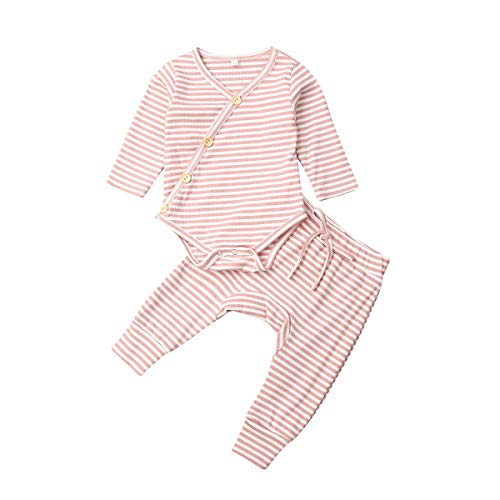 Newborn Unisex Baby Organic Cotton Kimono Onesies+Striped Pants-Basic Plain Rib Stitch Knitted Outfits Set (Pink&White Stripe, 12-18 Months)