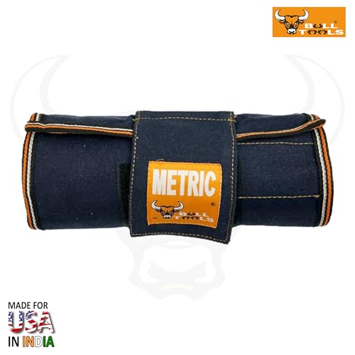 Image of BULL TOOLS Metric Ratcheting Wrench Set (8-19mm), 12-Pocket Roll, with Zip Pouch, Made from Durable Recycled Cotton Canvas for Mechanics, DIYers, and Home Use - Navy Blue