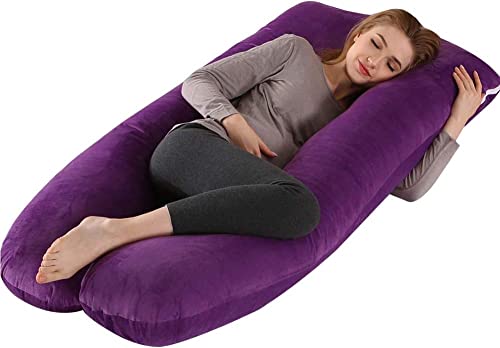 Image of U-Shaped Sleeping Pregnancy Pillow| Removable Washable Cotton Covers with Zipper| PregnoCare Fibres| Maternity, Nursing| Full Body Soft Support Bump, Head, Back, Shoulder, Hips, Legs & Belly (Purple)