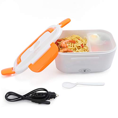 VIGIND Portable 12V Car Use Electric Lunch Box Lunch Bento Lunch Food Heater Food Warmer Heater With Removable Container Hot Lunch Box With a Spoon And Two Compartments Food Grade Material (Orange)
