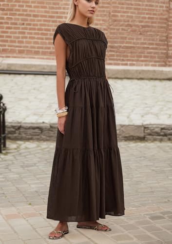 Women Pleated Ruched Tiered Maxi Dress Sleeveless Patchwork Ruffle Hem A Line Flowy Summer Elegant Long Dress3