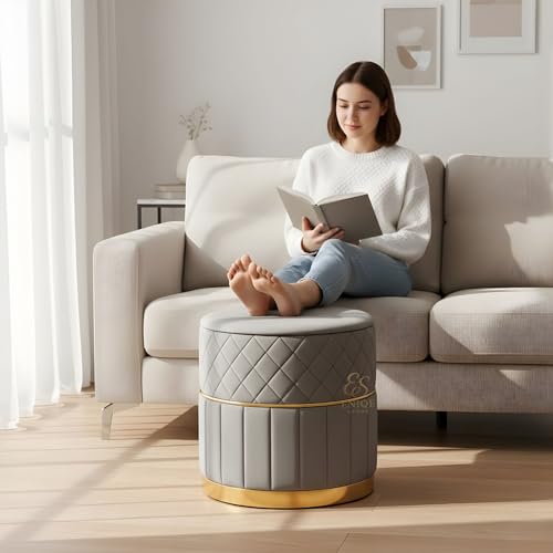 Image of ENIQE STORE Set of 2 Round Velvet Ottoman Footstool Gold Base - Tufted Upholstered Pouffe Stool for Living Room, Bedroom & Dressing Area (Grey)