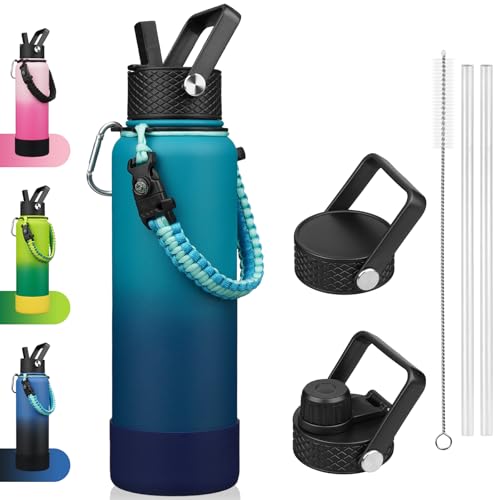 Image of BJPKPK 40oz Insulated Water Bottle with 3 Lids, Straw Lid & Handle