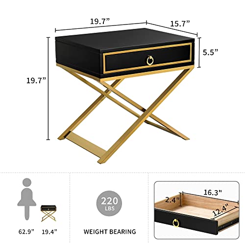 DWVO Modern Black Nightstand with Drawer Solid Wood Small Bedside Table Gold Metal Frame Fully Assembled End Table for Living Room Bedroom