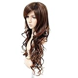 MelodySusie Light Brown Long Curly Wavy Wig for Women with Bangs Synthetic Human Hair Wigs Heat Resistance Cosplay Daily Party with Free Wig Cap, Light Brown