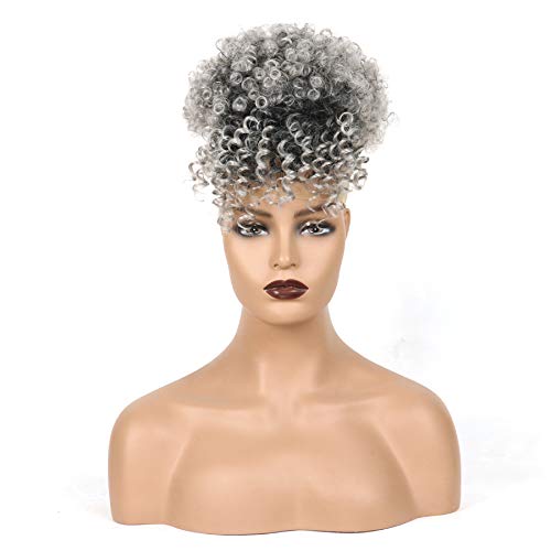 Afro Puff Drawstring Ponytail with Bangs Synthetic Short Kinky Curly Ponytail Updo Hair Extensions with Two Clips, Natural looking Donut Chignon Hairpieces (GREY)