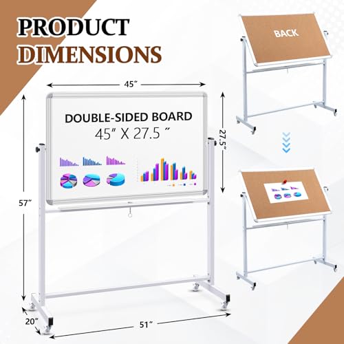 Image of Eersida 45''X 27.5'' Whiteboard Corkboard Combo on Wheels Stand