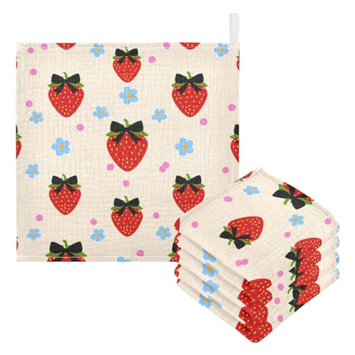 Nander 5Pack Baby Muslin Washcloths,Cute and Colorful Strawberries Soft Face Cloths for Newborn, Absorbent Bath Wash Cloths, Wipes, Burp Rag,Toddlers Essentials Stuff, Baby Registry as Shower