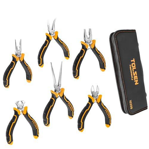 TOLSEN 6-Piece Mini Pliers Set, Needle Nose, Diagonal, Long Nose, Bent Nose, End Cutting and Combination Pliers for Making Crafts, Repair Electronic and Jewelry, with Pouch