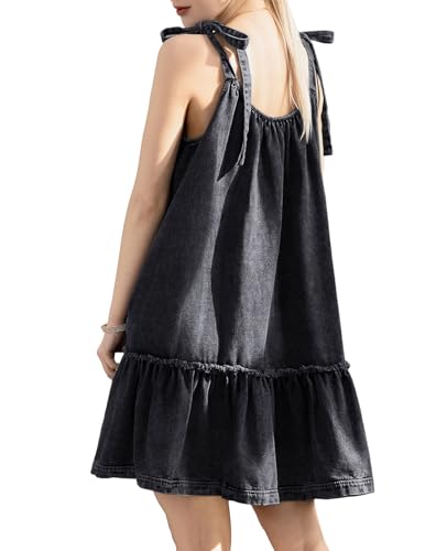 Image of Denim Dress for Women Tie Shoulder Sleeveless Denim Mini Dress Casual Flowy Babydoll Dress Wash Jean Dress