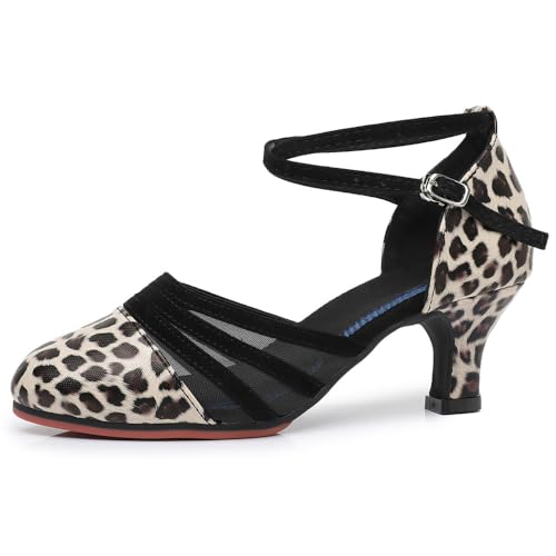 レディースラテンダンスシューズ、ヒョウ柄メッシュミッドハイヒール、アンクルストラップ付きモダン社交練習靴、2.2インチヒール, ヒョウ柄ヒール-2.25インチヒール, 25.0 cm