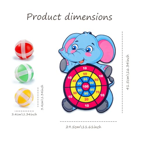 Image of Dart Game for Kids, Elephant Design Sticky Ball Target Board with 3 Balls, Indoor Outdoor Activity for Boys Girls Age 3-12, Fun Party Game for Hand Eye Coordination Training, Polyester Material