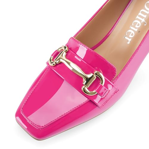 Image of Womens Mid Block Chunky Heeled Loafers Closed Square Toe Patent Leather Comfortable Slip On Pumps Metal Chain Basic Classic Casual Work Office Dress Shoes 2.8 Inches Heels