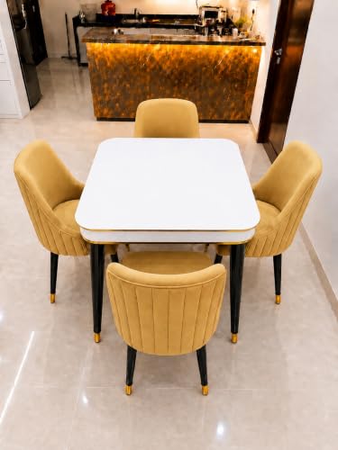 Image of WOODEN SPACE 4 Seater Wooden Dining Table Set | Urban Marble Top Dining Table with Chairs for Dining Room & Kitchen (Modern Infinity Backline Yellow) (42 x 42 x 30 inch)