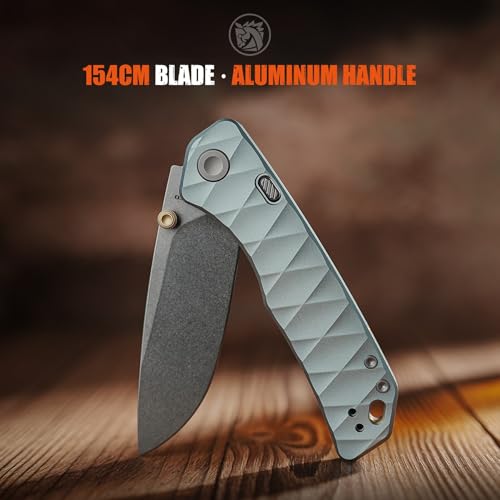 Image of Vosteed Marten EDC Folding Pocket Knife - 3.30 inch 154CM Stonewash Blade - Top Liner Lock, Light Blue Aluminum Handle - Hunting, Hiking Knives - A1614