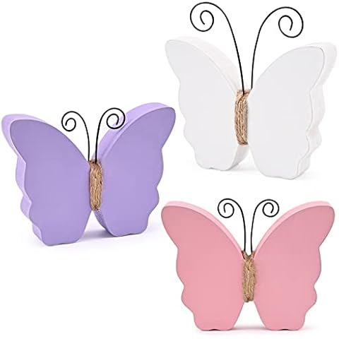 MEKOUZON Butterfly Decorations for Home, Set of 3 Rustic White Pink Purple Butterfly Decorative Accessories, Decorative Trays, Farmhouse Spring Ornaments for Tiered Tray, Shelf, Fireplace, Table Decor Cover