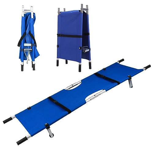 Maca portátil dobrável de alumínio leve com carrinho 2 rodas maca de resgate para hospital, clínica, casa, locais esportivos, capacidade de ambulância 150 kg (azul)