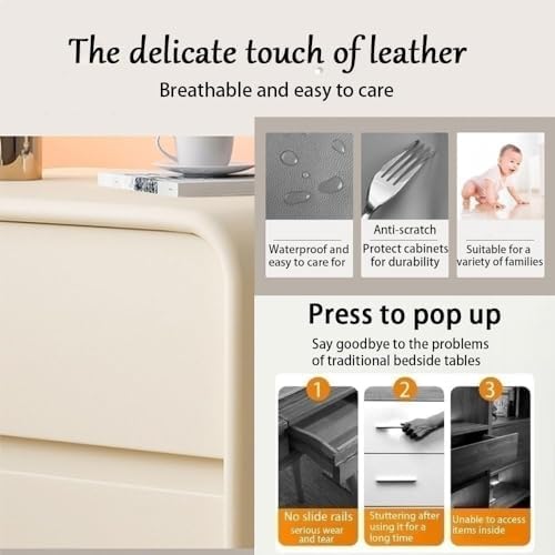 Modern Cream Bedside Table, Simple Nightstand with Solid Wood Frame & Microfiber Leather Finish, Stylish Small Furniture for Bedroom, Living Room, or Office